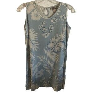 Tiki Dress M Blue White Floral 100% SILK Hawaiian Sleeveless